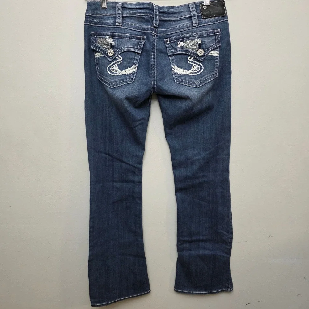Silver‎ Pioneer Jeans Women's Boot Cut Dark Wash Denim Embellished Pockets 30/33